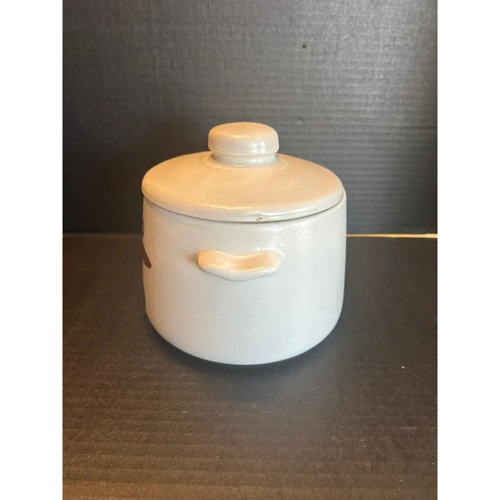 VINTAGE 'WEST BEND' 1960's CERAMIC STONEWARE GLAZED BEAN POT- FORK & SPOON MOTIF